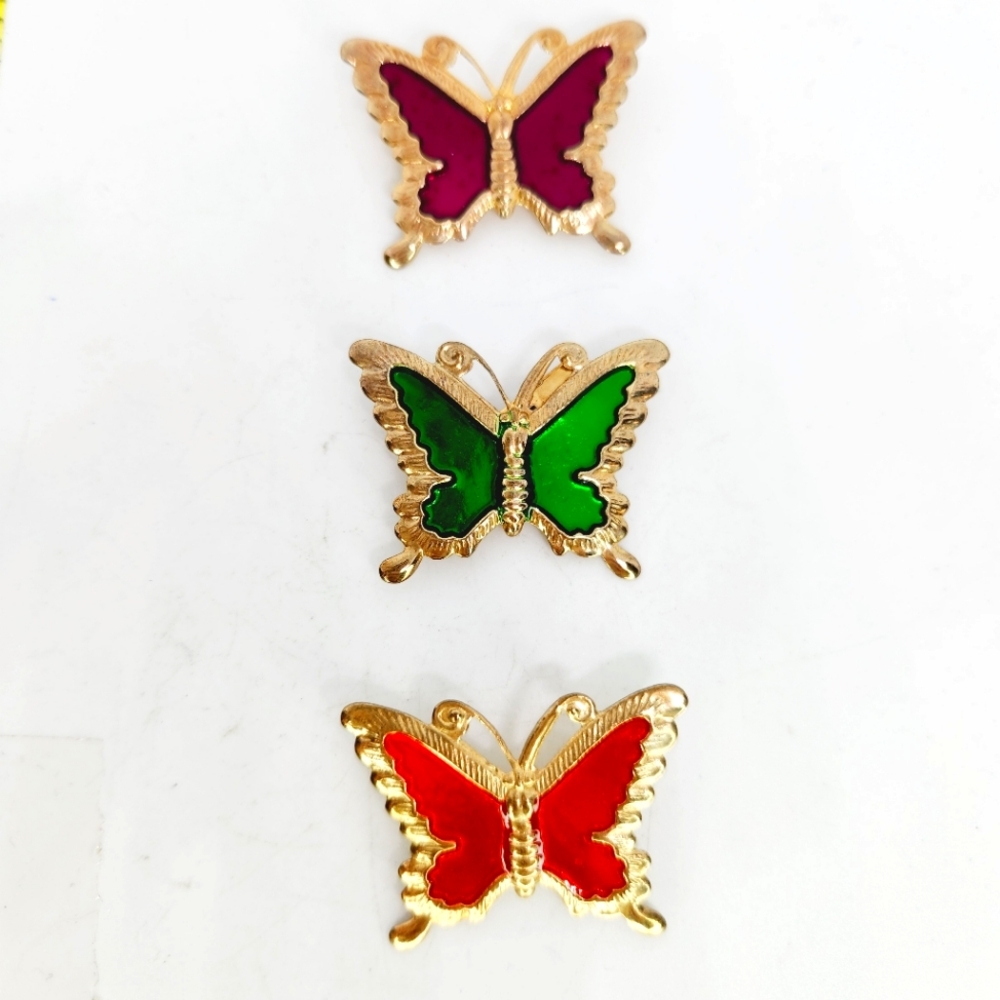 Brooch Pin Lot Gold Tone Enamel Set Of 3 Butterfly Purple Green Red Bold Vintage